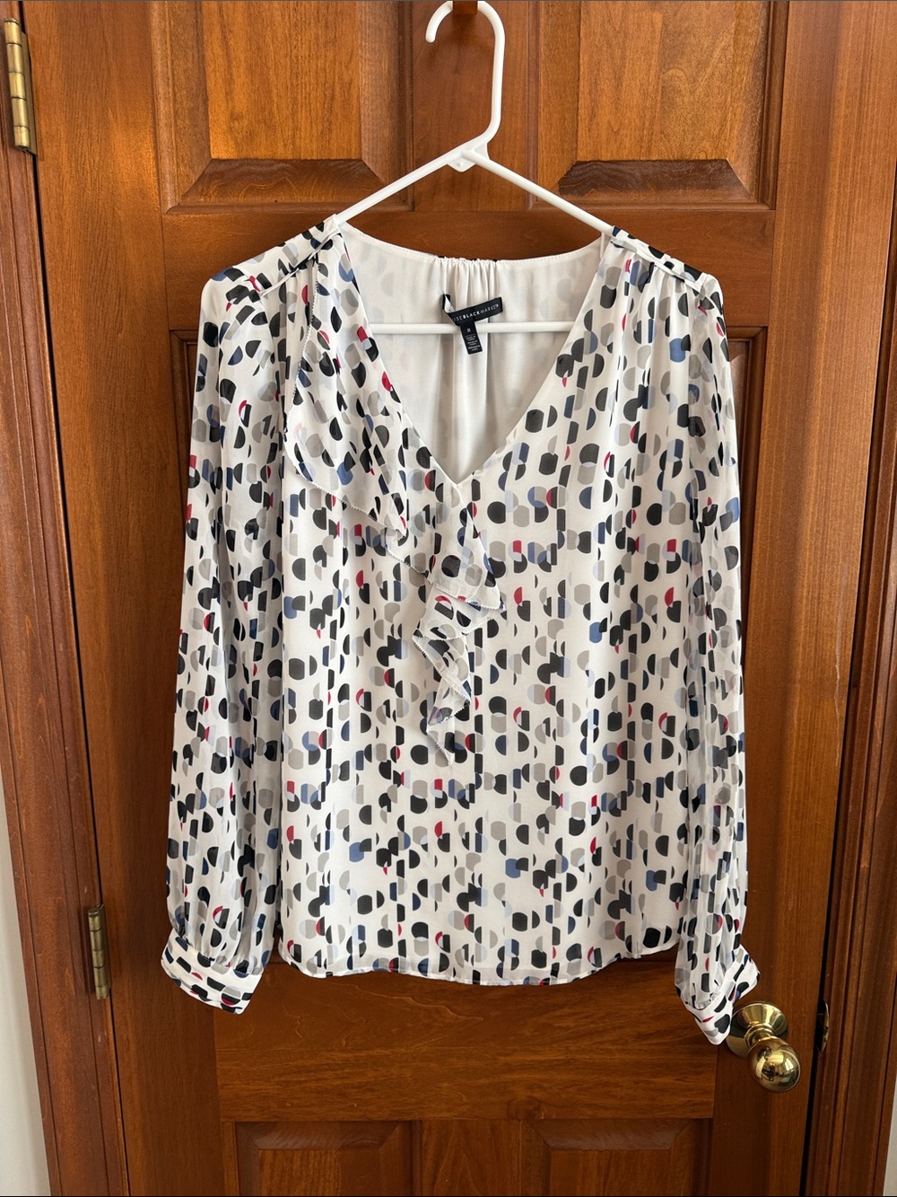 White House Black Market Cream Geometric Ruffle V-Neck Blouse